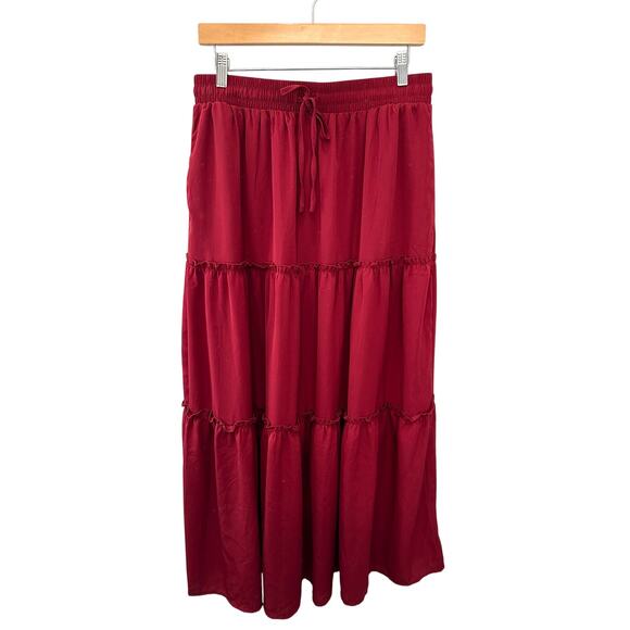 Tiered Drawstring Boho Peasant Maxi Skirt Deep Red Burgundy | Large - Picture 1 of 6